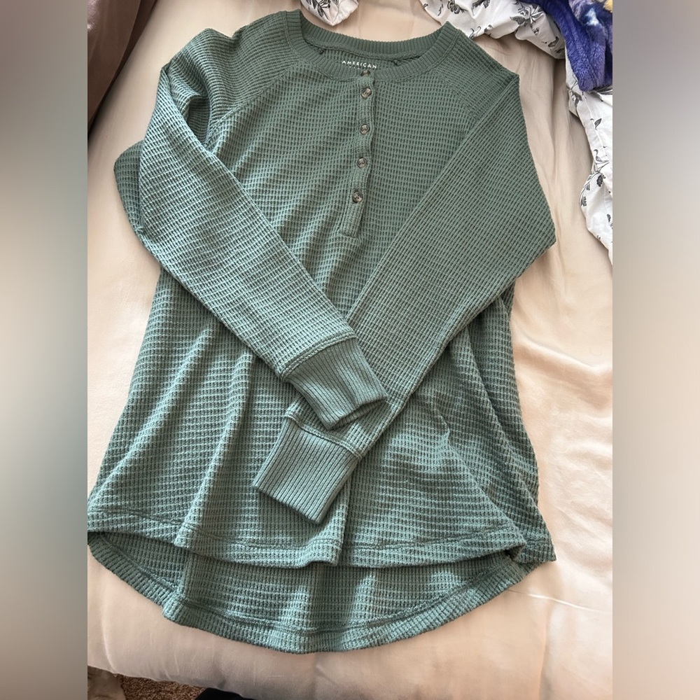 American Eagle Outfitters Green Waffle Knit Henley Sweater